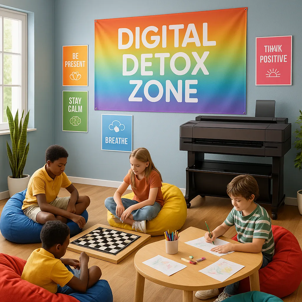 A vibrant, school wellness space colorful mindfulness posters on soft blue walls, comfortable bean bag seating arranged in a circle, natural light streaming through windows, students engaged in