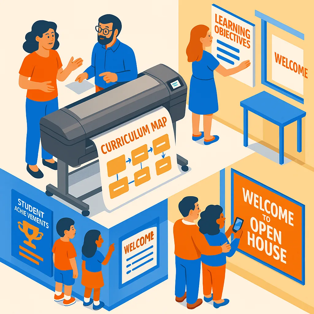 Design an isometric illustration the poster creation workflow in a school setting. Include: teachers collaborating around a poster printer, finished posters being hung in classrooms, students Design an isometric illustration the poster creation workflow in a school setting. Include: teachers collaborating around a poster printer, finished posters being hung in classrooms, students