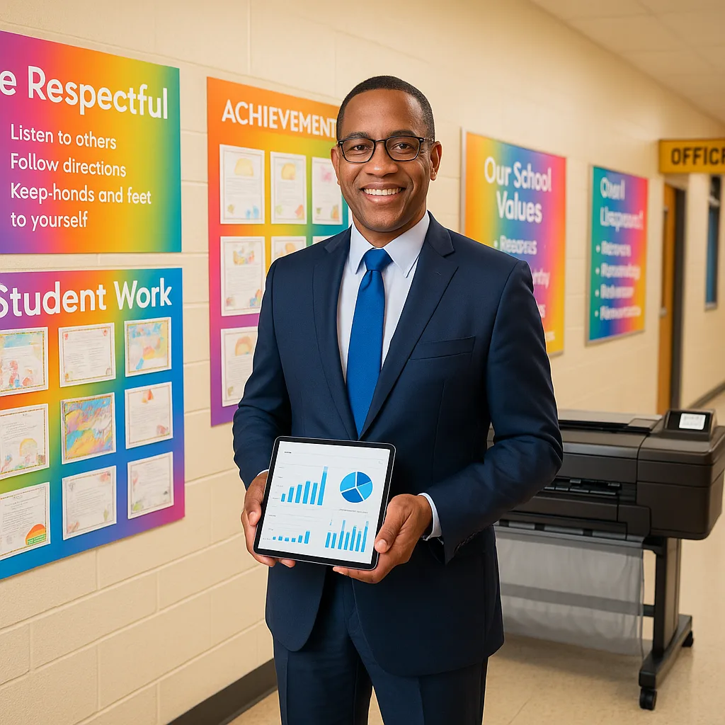 A bright, hero image a school principal standing confidently in a hallway filled educational posters and student achievement displays. The principal (attire, warm smile) holds a tablet data