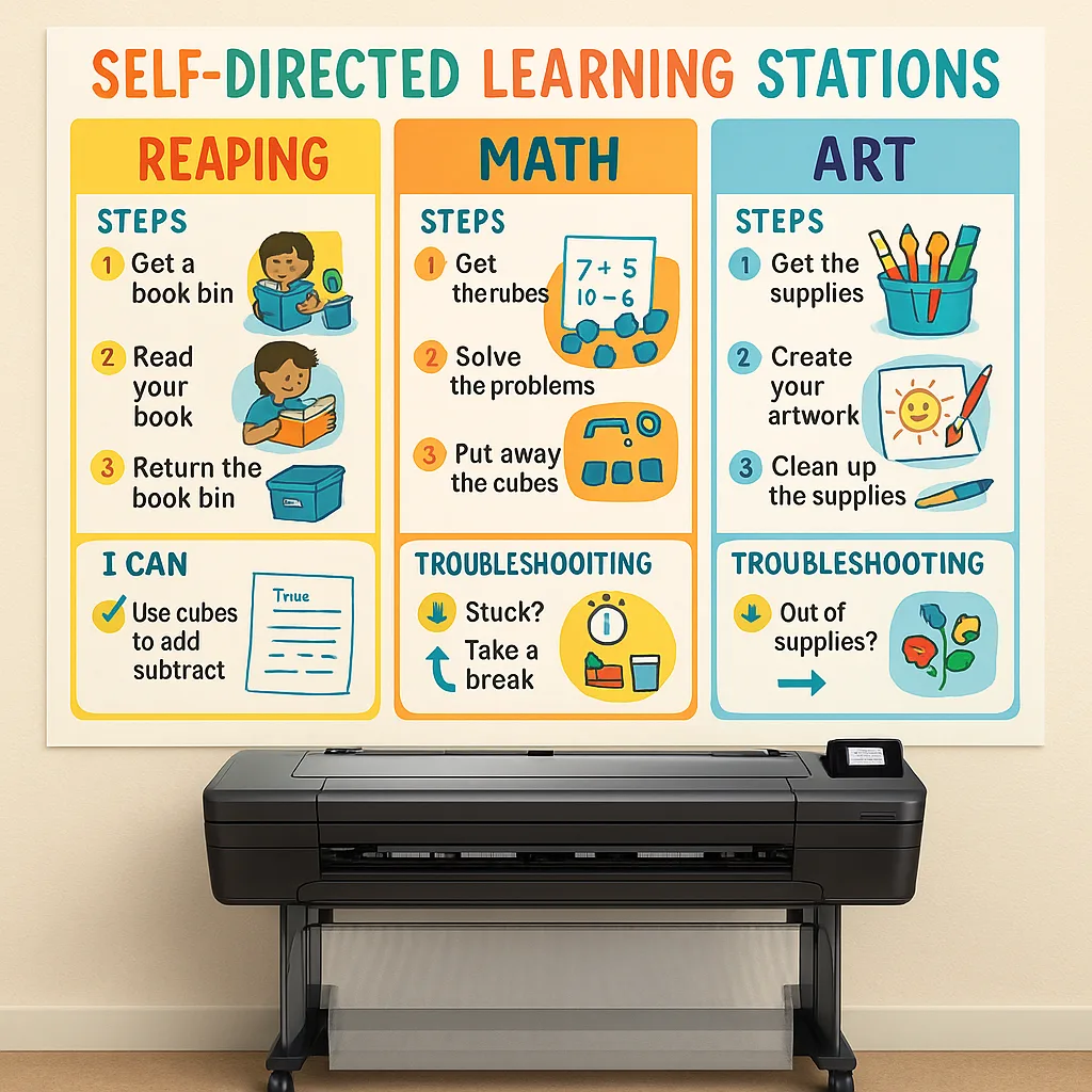 A close-up view of self-directed learning station posters three different stations in an elementary classroom. Each station poster should have clear visual instructions using numbered steps