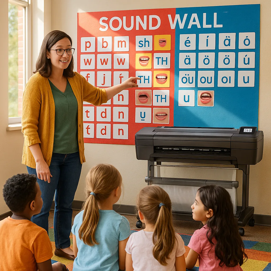 A bright, engaging classroom scene a teacher pointing to a colorful sound wall display. The wall should feature phoneme cards organized by articulation (lips, teeth, tongue positions) primary