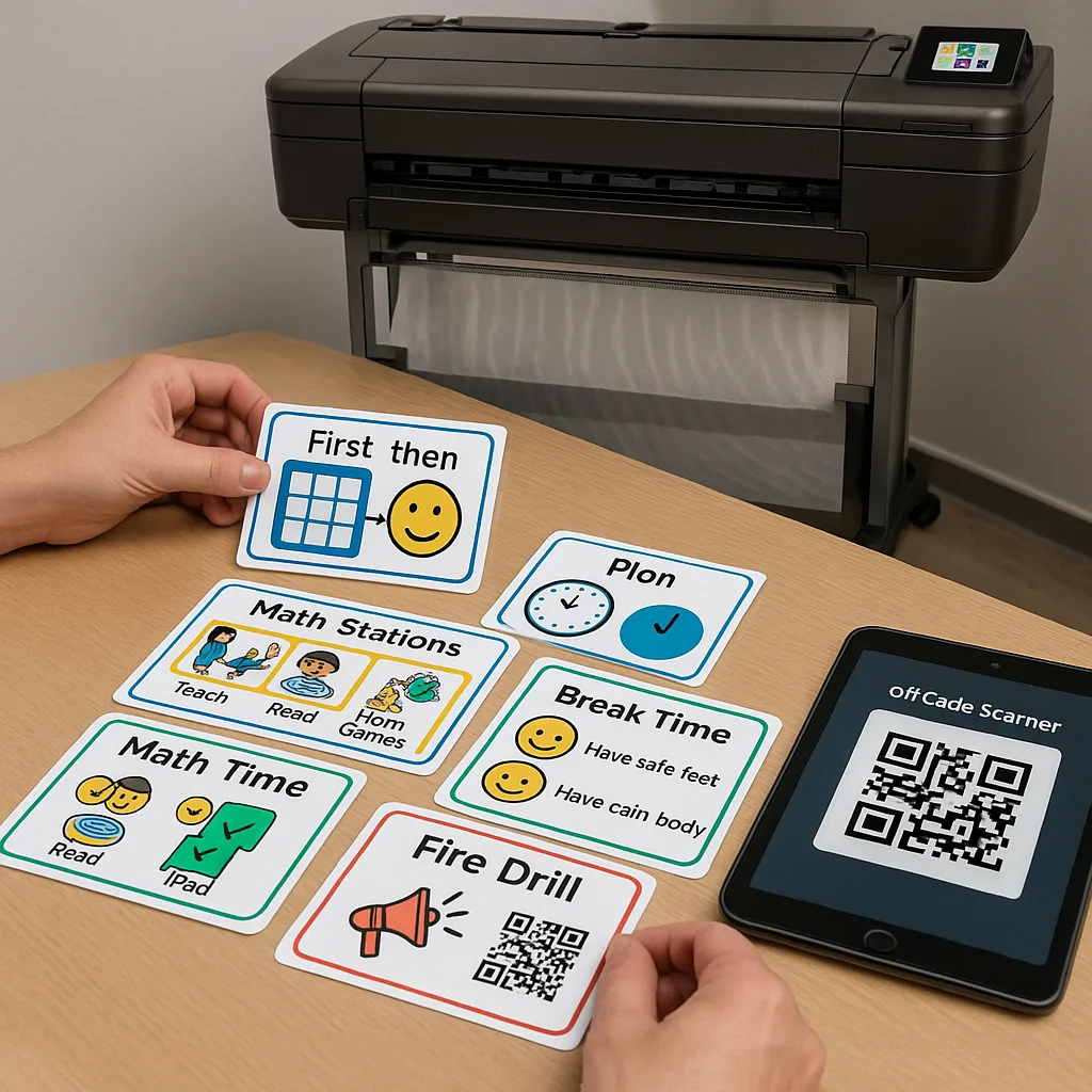 A close-up of hands arranging a set of laminated visual substitute plan cards on a desk. The cards show step-by-step instructions colorful icons, times, and QR codes. Each card uses the Suse font