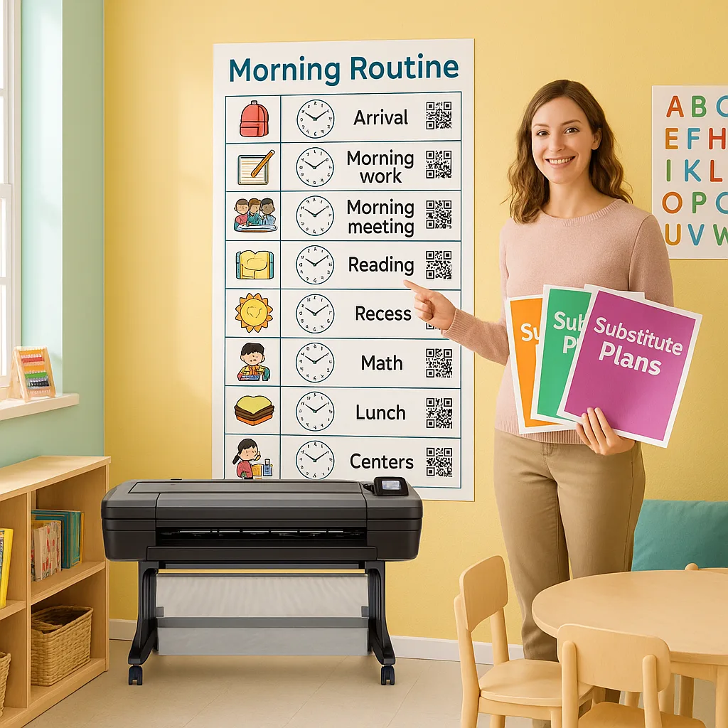 A bright, organized first-grade classroom a cheerful young teacher holding colorful visual substitute plan posters. She's pointing to a large morning routine poster on the wall that shows picture