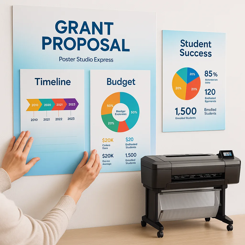 A close-up shot of hands arranging multiple grant proposal posters on a presentation board. The posters showcase various data visualizations a timeline graphic, budget breakdown pie chart, and
