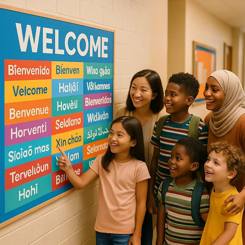 A vibrant, warmly-lit elementary school hallway a large “Welcome” poster display greetings in 15+ languages arranged in a colorful mosaic pattern. A vibrant, warmly-lit elementary school hallway a large "Welcome" poster display greetings in 15+ languages arranged in a colorful mosaic pattern.
