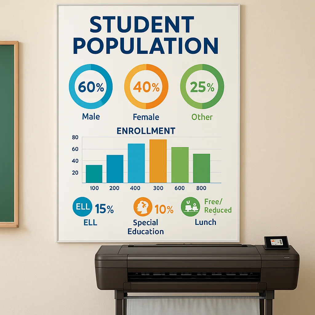 Design a demographic infographic poster template student population data visualization. The poster should feature circular charts, bar graphs, and icons representing different student groups (ELL,