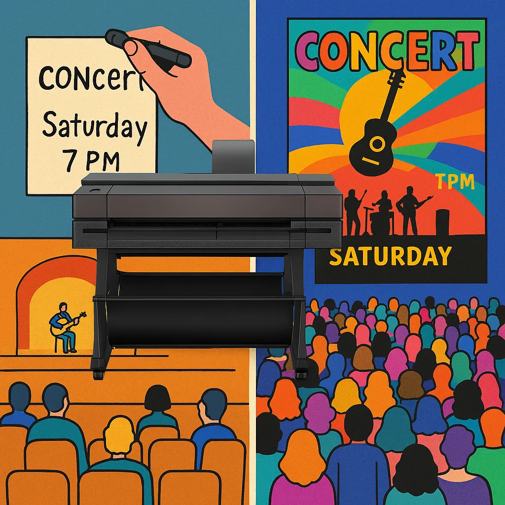 Design a colorful comparison image two scenarios side by side. Left side: A small, handwritten concert announcement on plain paper few people in an auditorium. Right side: A professional, poster