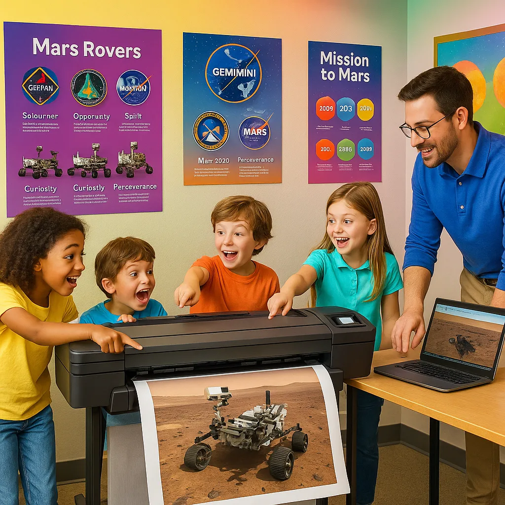 A bright, engaging classroom scene a wide-format poster printer producing a large NASA Mars rover panorama. Show excited students pointing at details on freshly printed space posters covering the
