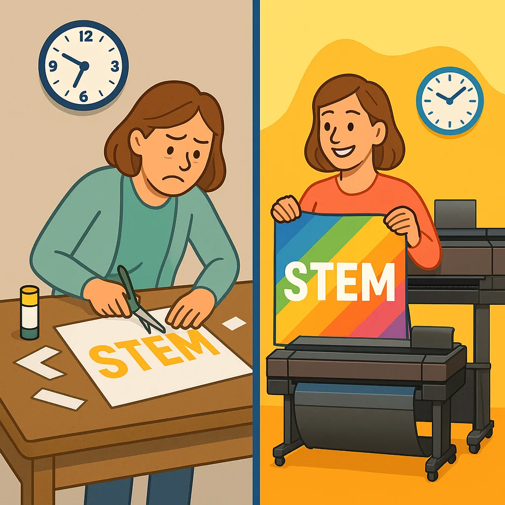 A time-lapse style split image the contrast between traditional poster creation (left side: teacher hunched over desk scissors and glue, looking stressed, clock late hour) and poster printing
