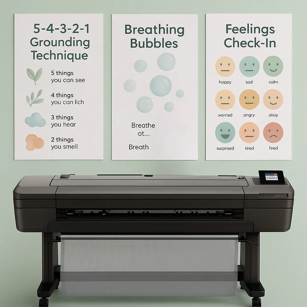 A close-up view of trauma-informed educational posters created a poster print machine, three different calming designs side by side on a soft mint green wall.