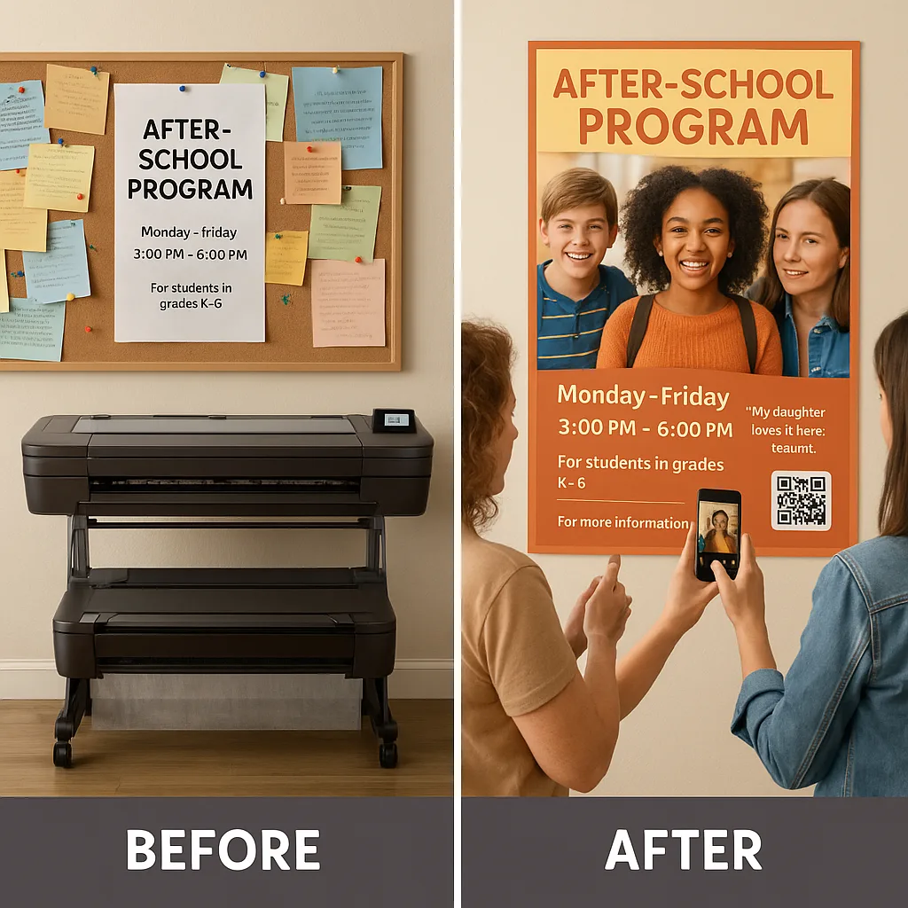 Design a split-screen composition “before and after” of after-school program . Left side: Plain text flyer on a cluttered bulletin board being ignored. Right side: photo-based poster happy Design a split-screen composition "before and after" of after-school program . Left side: Plain text flyer on a cluttered bulletin board being ignored. Right side: photo-based poster happy