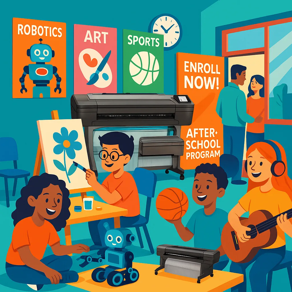 A vibrant, illustration a bustling after-school program environment. In the foreground, show diverse students engaged in various activities (robotics, art, sports, music). Include colorful posters
