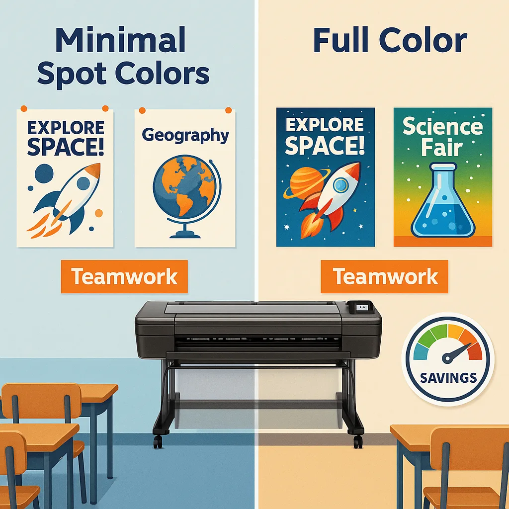 A vibrant, illustration a split-screen comparison: on the left, a classroom wall strategically designed posters using minimal but impactful spot colors (blues and oranges), and on the right, the