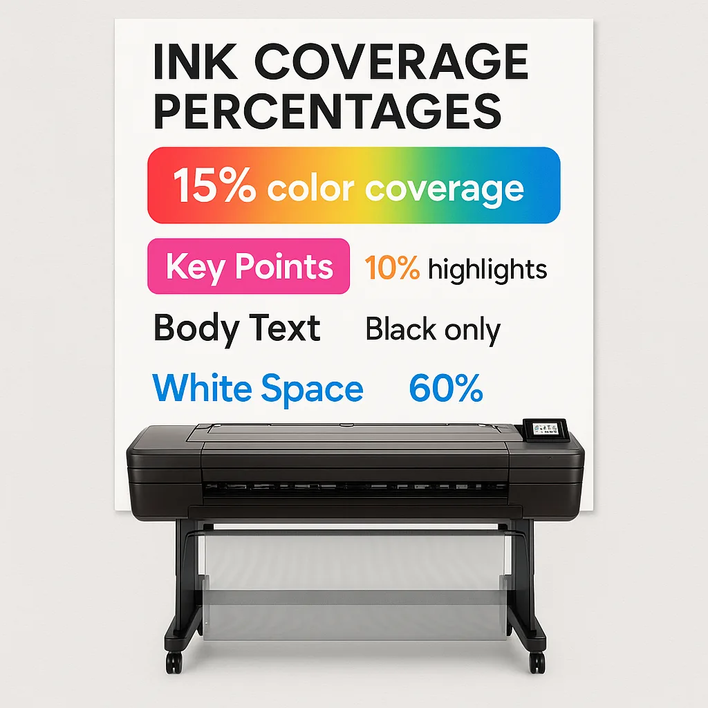 Design an infographic-style image ink coverage percentages on a sample educational poster. Display a poster divided into sections percentages labeled: 