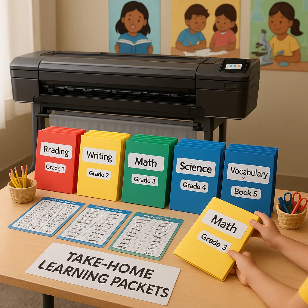 A beautifully organized display table showcasing various take-home learning packets. The packets are arranged in rainbow-colored folders, each clearly labeled grade levels and subjects in Suse