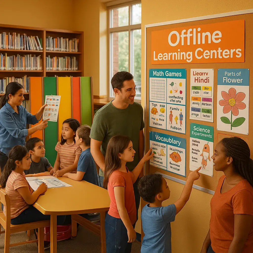 A vibrant, warmly-lit school library corner transformed into an offline learning hub. In the foreground, a diverse group of parents and children gather around a large community bulletin board