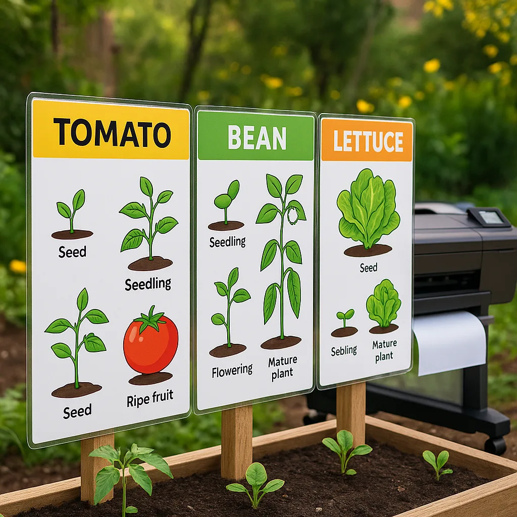 Design a close-up view of professional-looking plant life cycle posters displayed in a school garden setting. Show a series of three connected posters displaying the growth stages of tomatoes, Design a close-up view of professional-looking plant life cycle posters displayed in a school garden setting. Show a series of three connected posters displaying the growth stages of tomatoes,