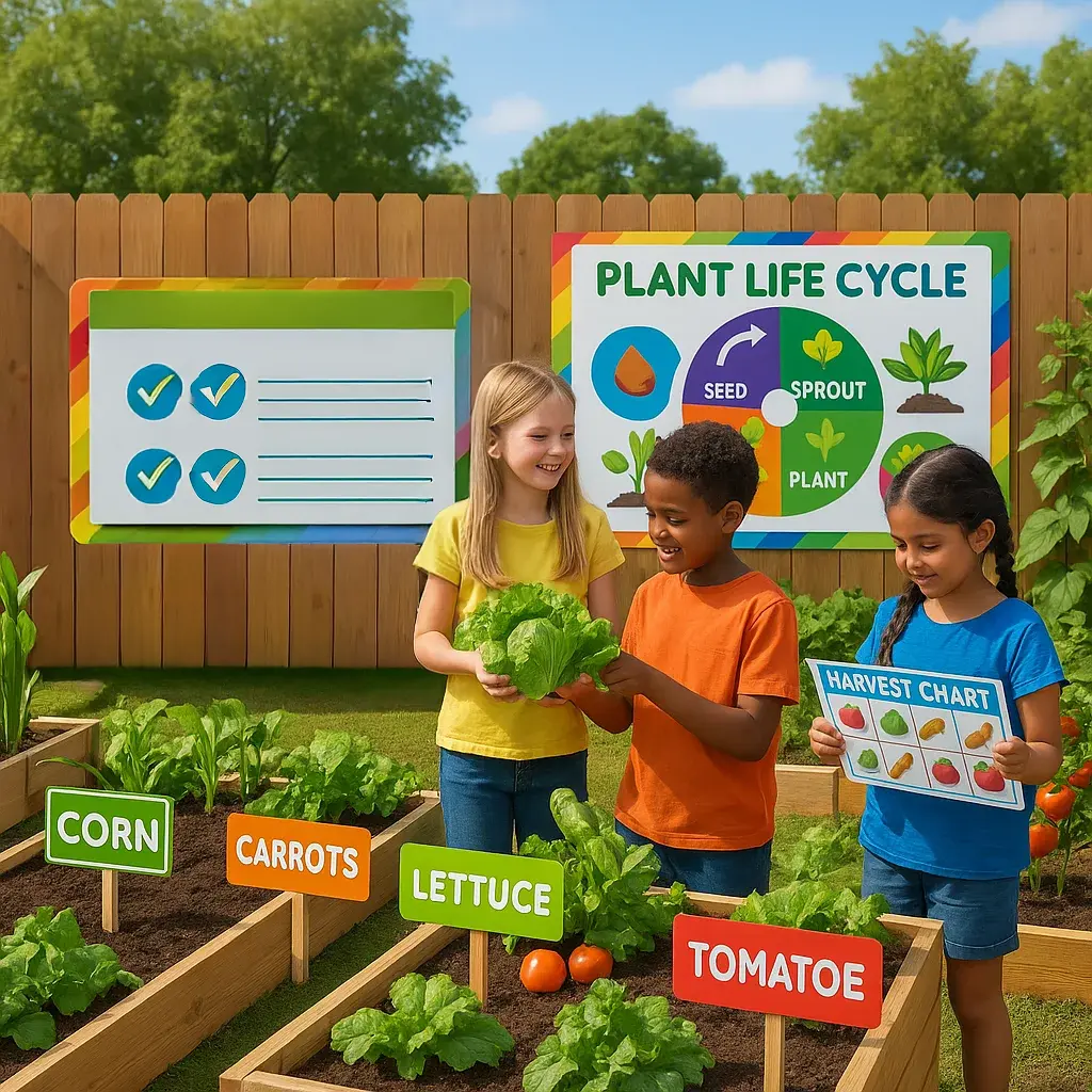 A vibrant, educational scene an elementary school garden colorful weatherproof poster displays. Include visible plant identification markers on stakes, a large plant life cycle chart.