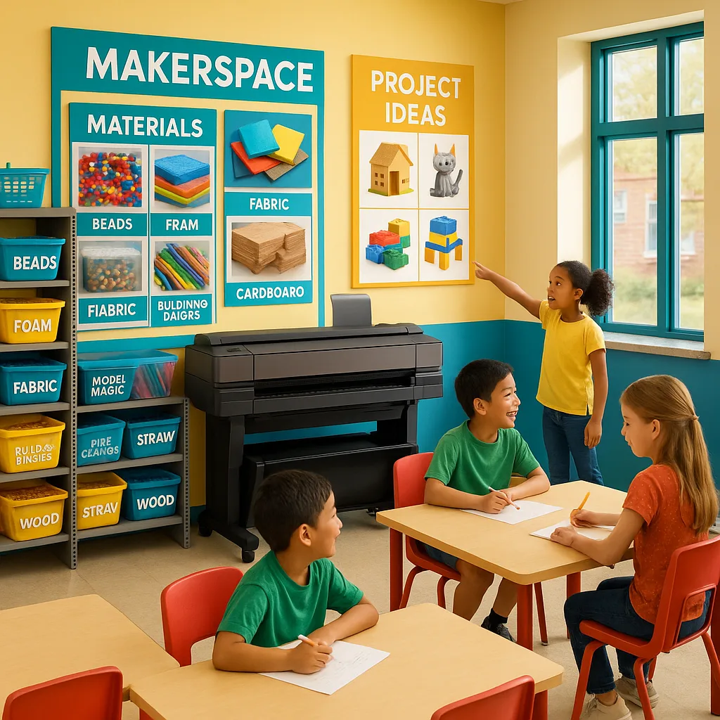 A bright, colorful school library makerspace clearly labeled storage bins on shelving units. Large, posters on the walls display material categories photos and project ideas. A diverse group of