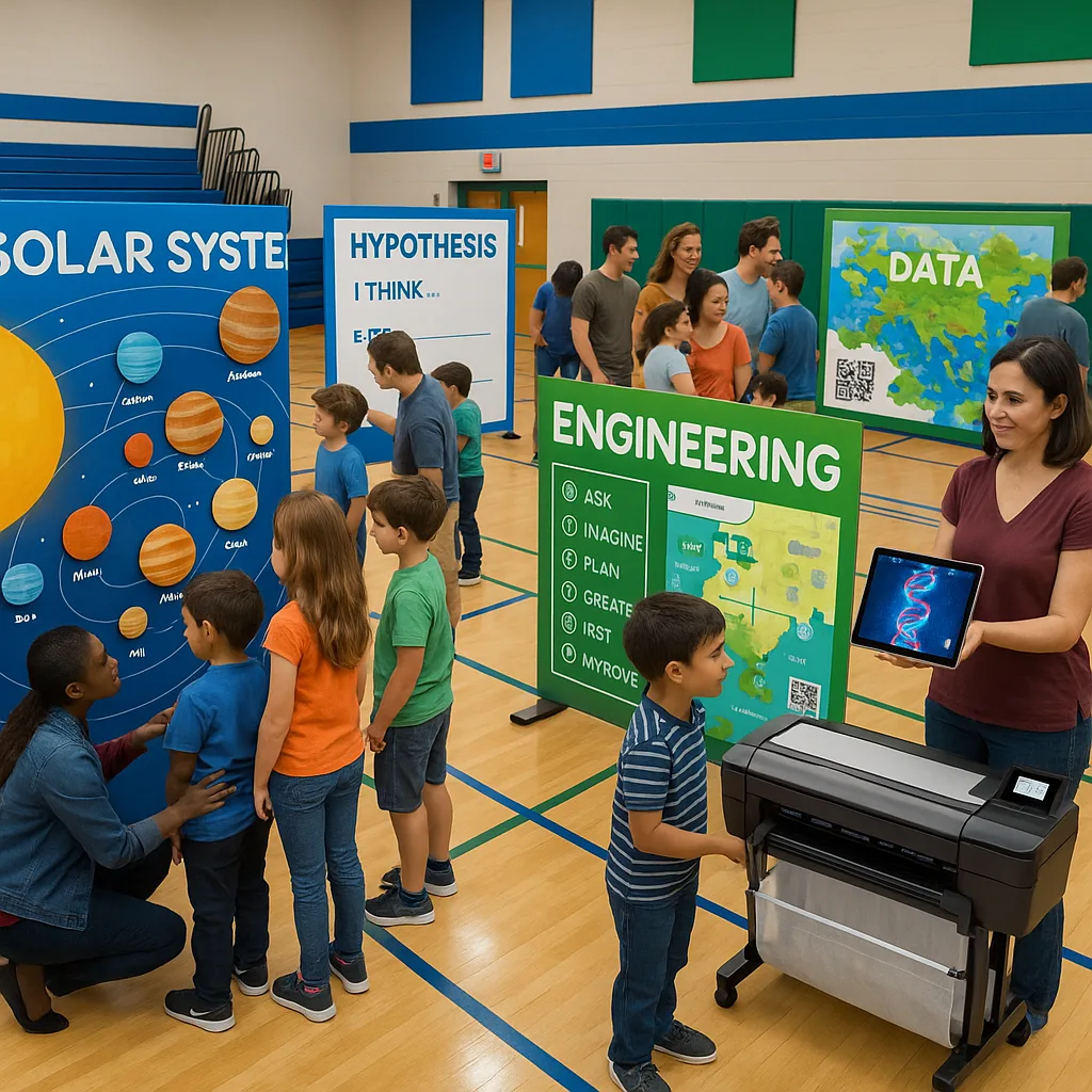 A vibrant, wide-angle photograph of an elementary school gymnasium transformed into a STEM night wonderland. The scene shows families gathered around multiple interactive poster stations large,