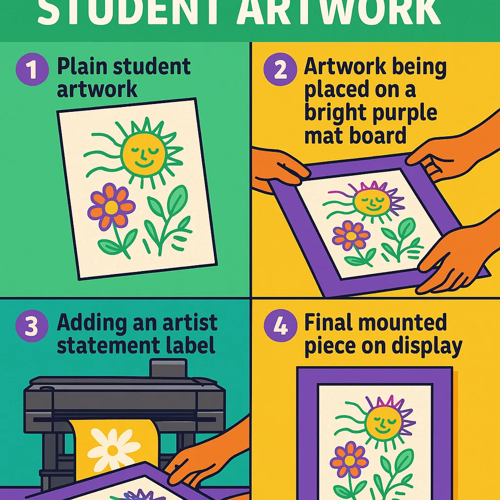 Design a step-by-step visual guide the mounting process for student artwork. Create four panels showing: 1) Plain student artwork, 2) Artwork being placed on a purple printed mat board, 3) Adding