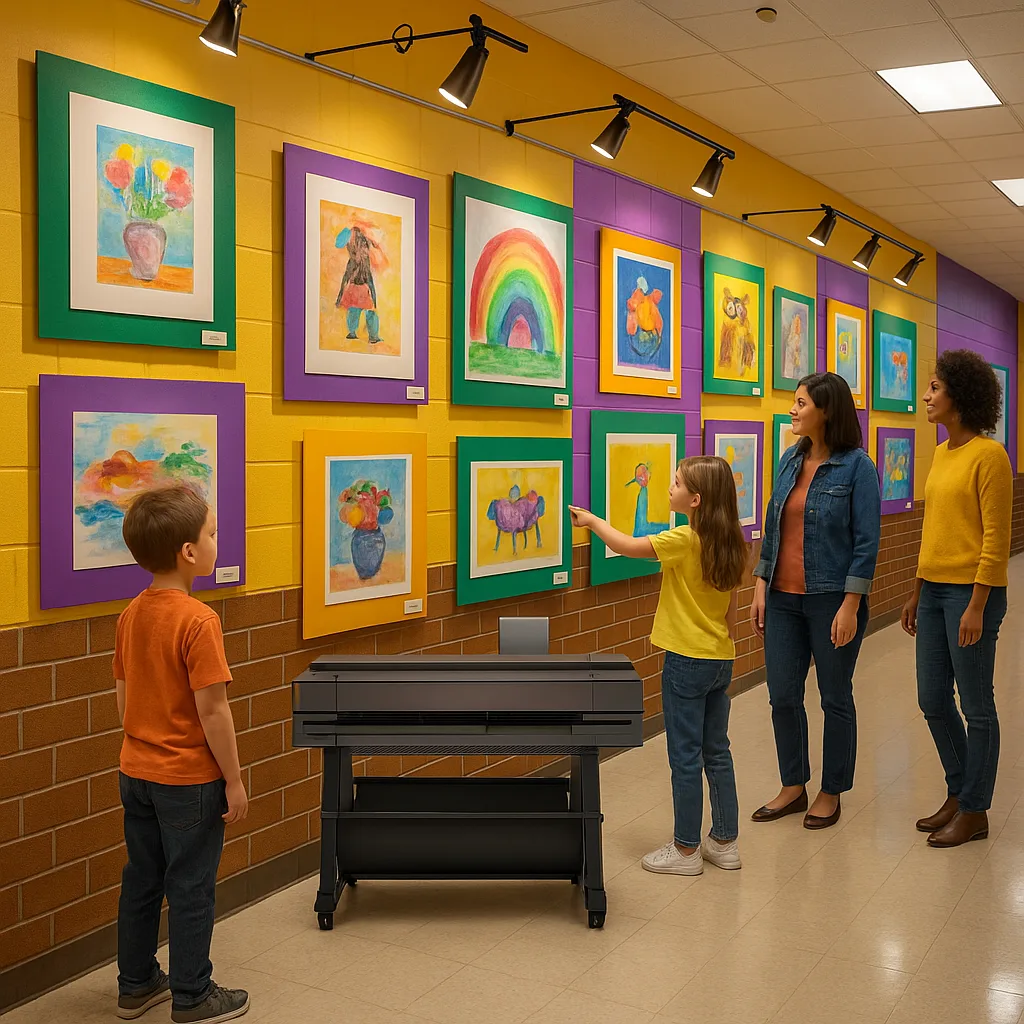 A vibrant, photorealistic image of an elementary school hallway transformed into a art gallery. Show colorful student artwork professionally mounted on colored mat boards (emerald green, amethyst