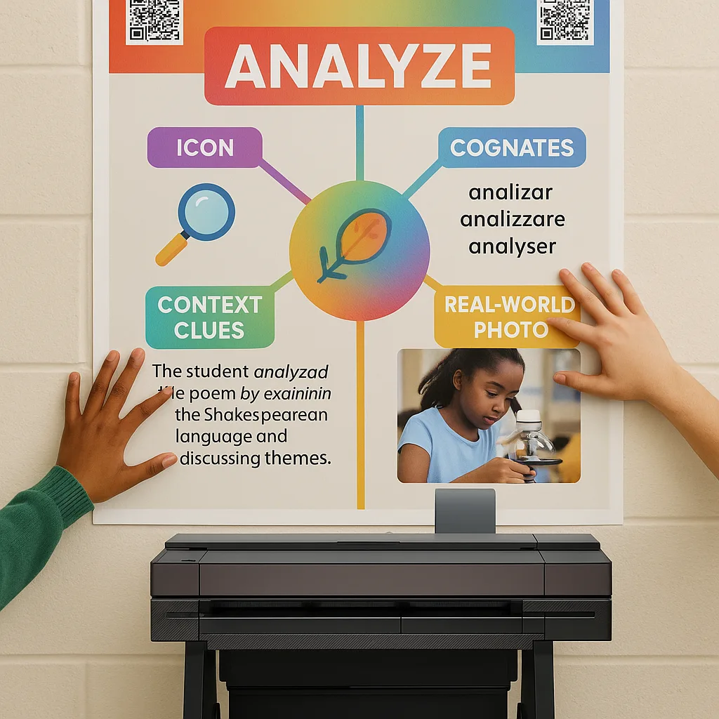 A close-up view of an innovative visual vocabulary poster designed for ELL students. The poster shows a central academic word (like "analyze") radiating connections to: visual icons representing