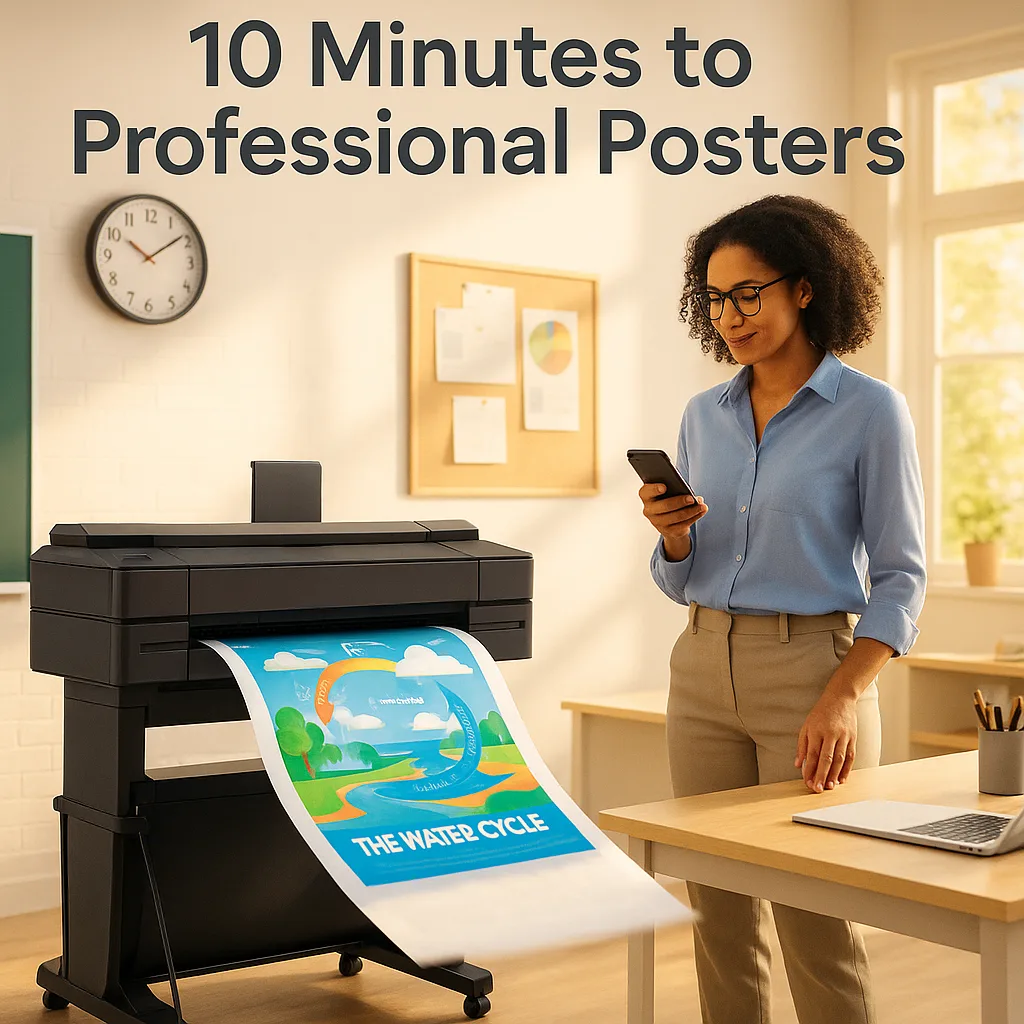 A bright, classroom scene a teacher effortlessly creating a poster. The teacher (female, diverse, attire) stands at a desk a sleek poster printer, holding a smartphone in one hand while a