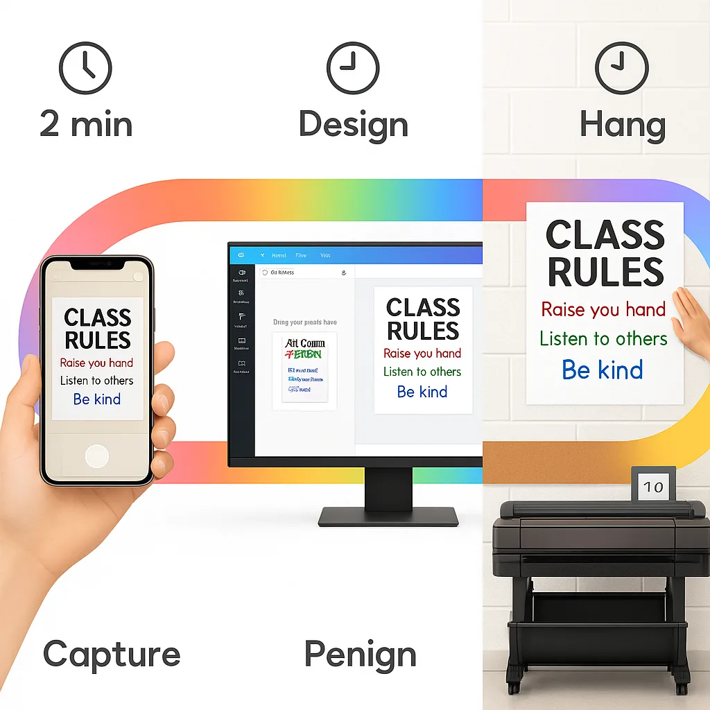 Split-screen comparison the complete poster creation workflow. Left side: smartphone screen displaying a photo of student work or hand-drawn anchor chart. Middle: computer monitor the