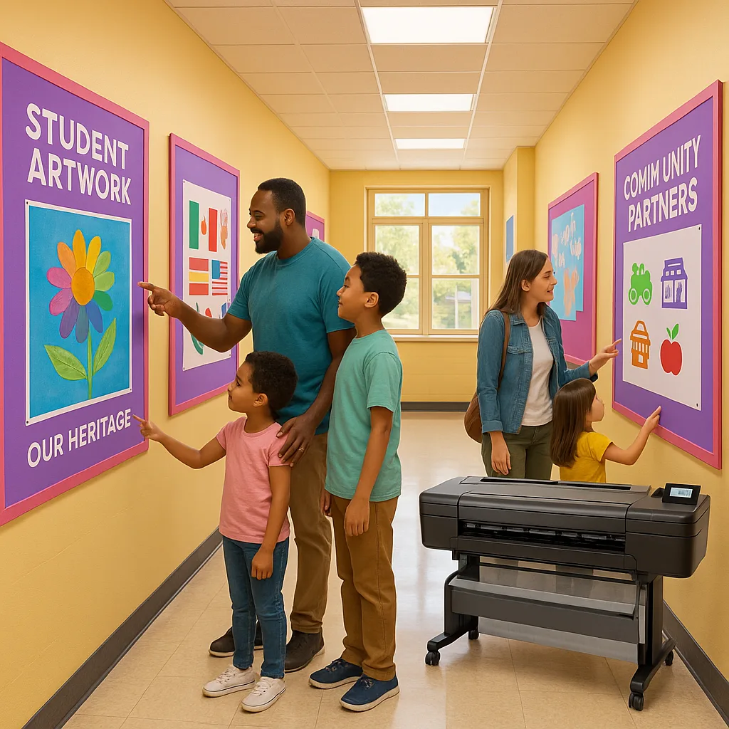 A vibrant, welcoming school entrance hallway colorful poster displays on both walls. The scene shows diverse families of different ethnicities stopping to look at large, posters student artwork,