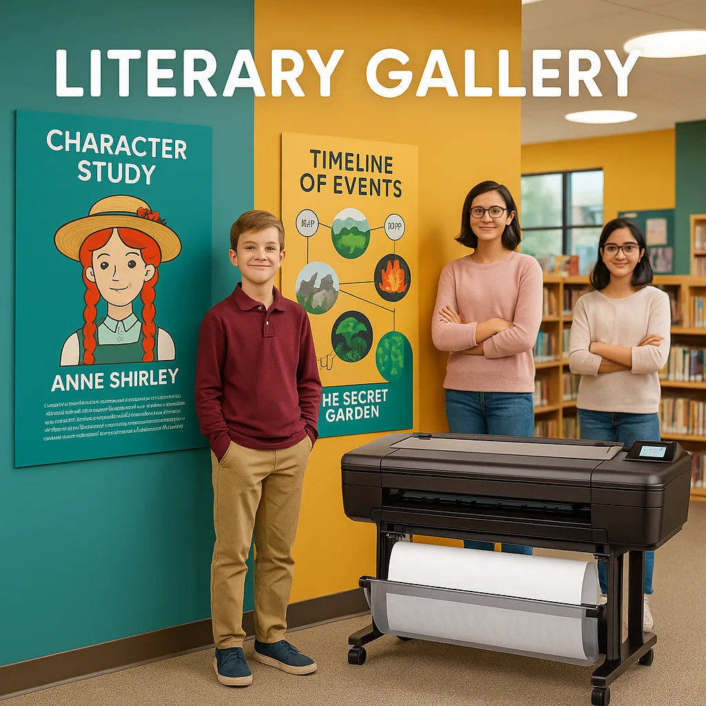A bright, inspiring image a school library or classroom transformed into a museum-style gallery space. Feature students (diverse group, ages 10-14) standing proudly next to large-format literary