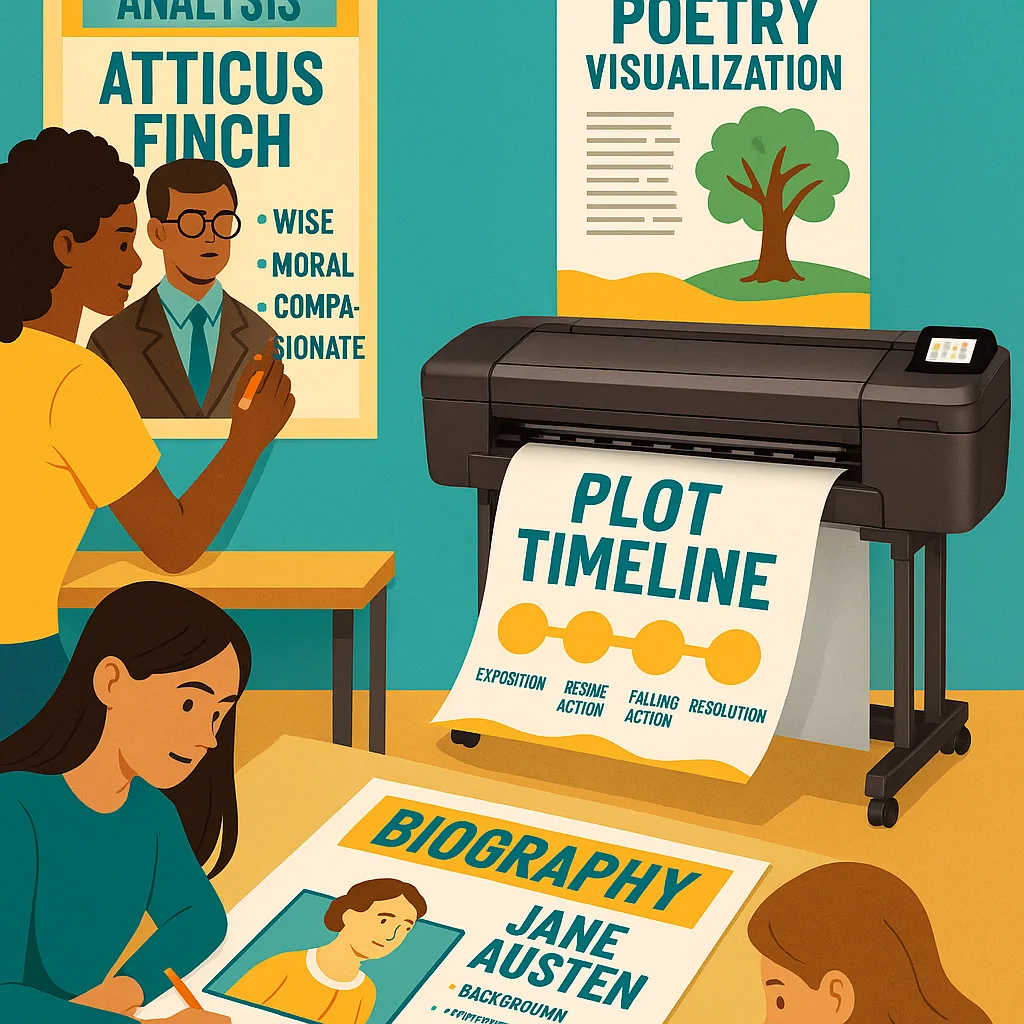 Design a collage-style image showcasing different types of literary display posters created by students. Include examples of character analysis posters, plot timeline displays, poetry