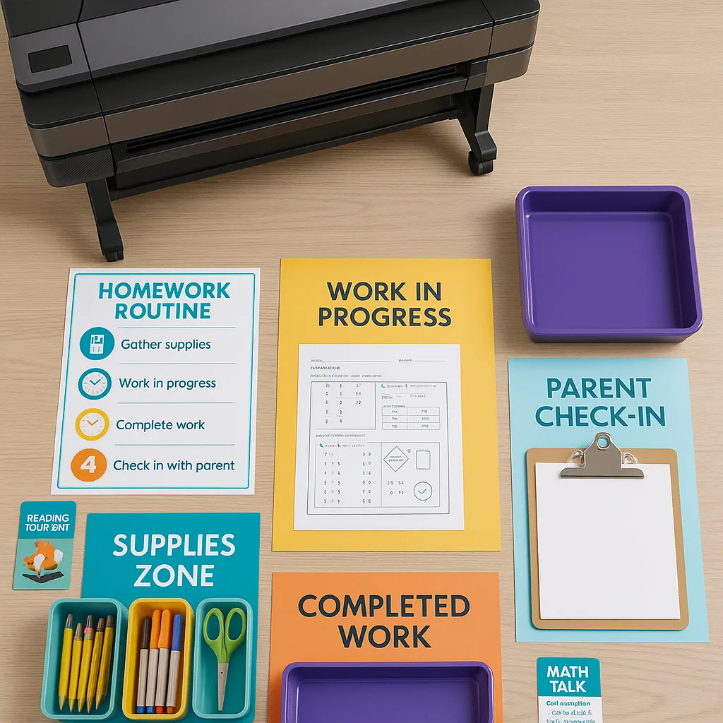 A well-organized homework station setup in a home environment, photographed from above (flat lay style). The image shows a desk surface clearly defined zones marked by colorful poster materials: a A well-organized homework station setup in a home environment, photographed from above (flat lay style). The image shows a desk surface clearly defined zones marked by colorful poster materials: a