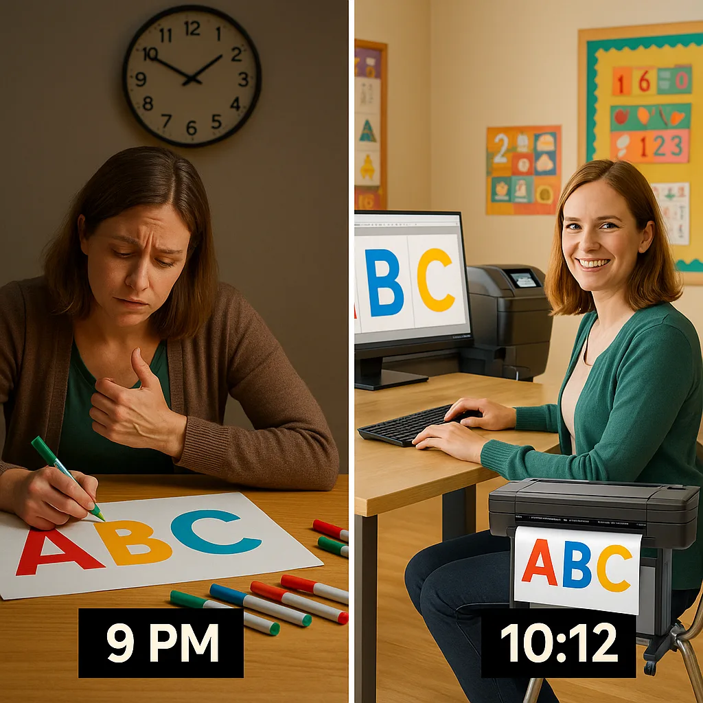 A split-screen image a tired first-grade teacher at 9 PM hand-drawing alphabet letters on poster board markers scattered around, cramped hand visible, coffee cup nearby, versus the same teacher