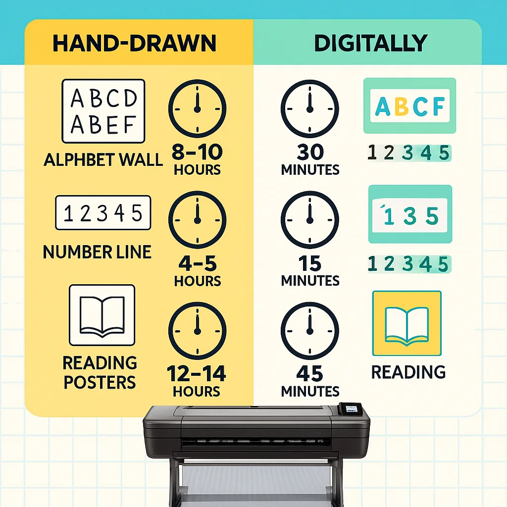 An infographic-style comparison chart time investment for common classroom materials. Left side shows hand-drawn items (alphabet wall, number line, reading posters) clock icons 8-10 hours, 4-5