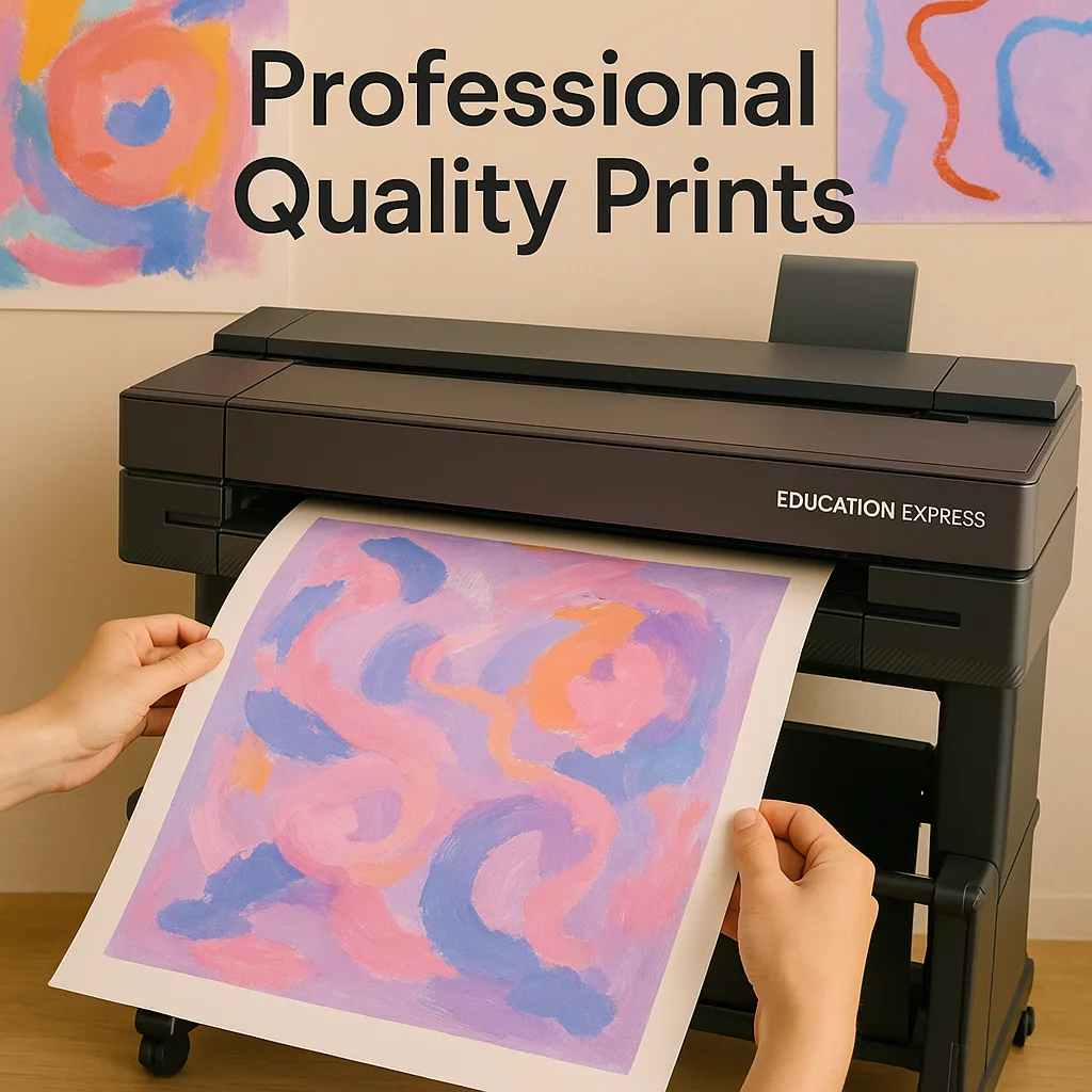A close-up shot of hands carefully removing a freshly printed student artwork reproduction from a poster printer, using Google Font 'Suse' for any text. The print shows a colorful abstract