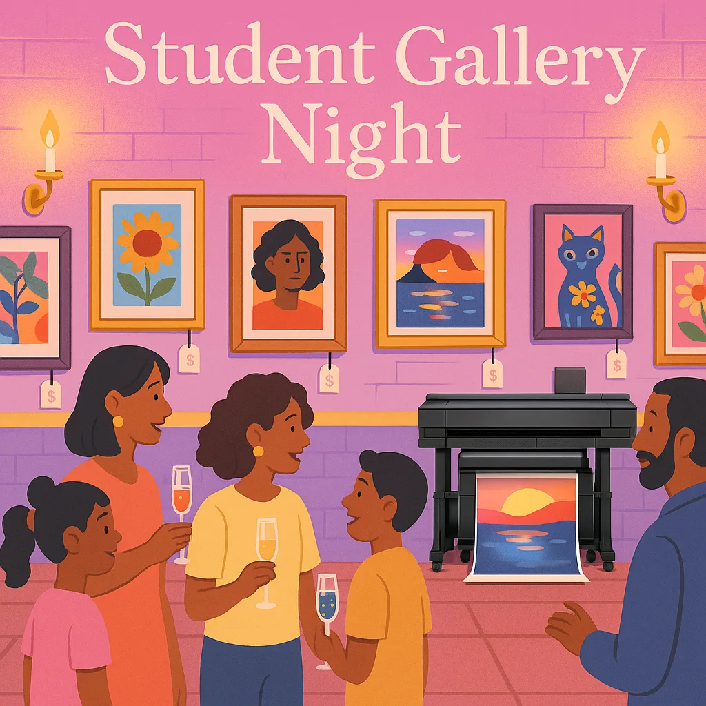 A vibrant, school art gallery night scene using Google Font 'Suse' for any text elements. Show parents and students admiring colorful framed artwork on gymnasium walls transformed into an elegant