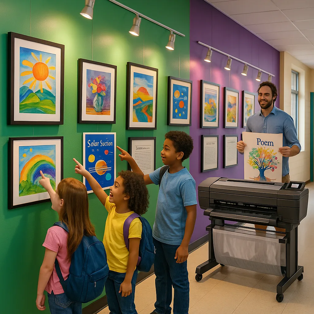 A vibrant, heartwarming scene in a school hallway jewel-toned decorations. Show diverse elementary students (ages 8-12) pointing excitedly at professionally mounted artwork displayed on emerald