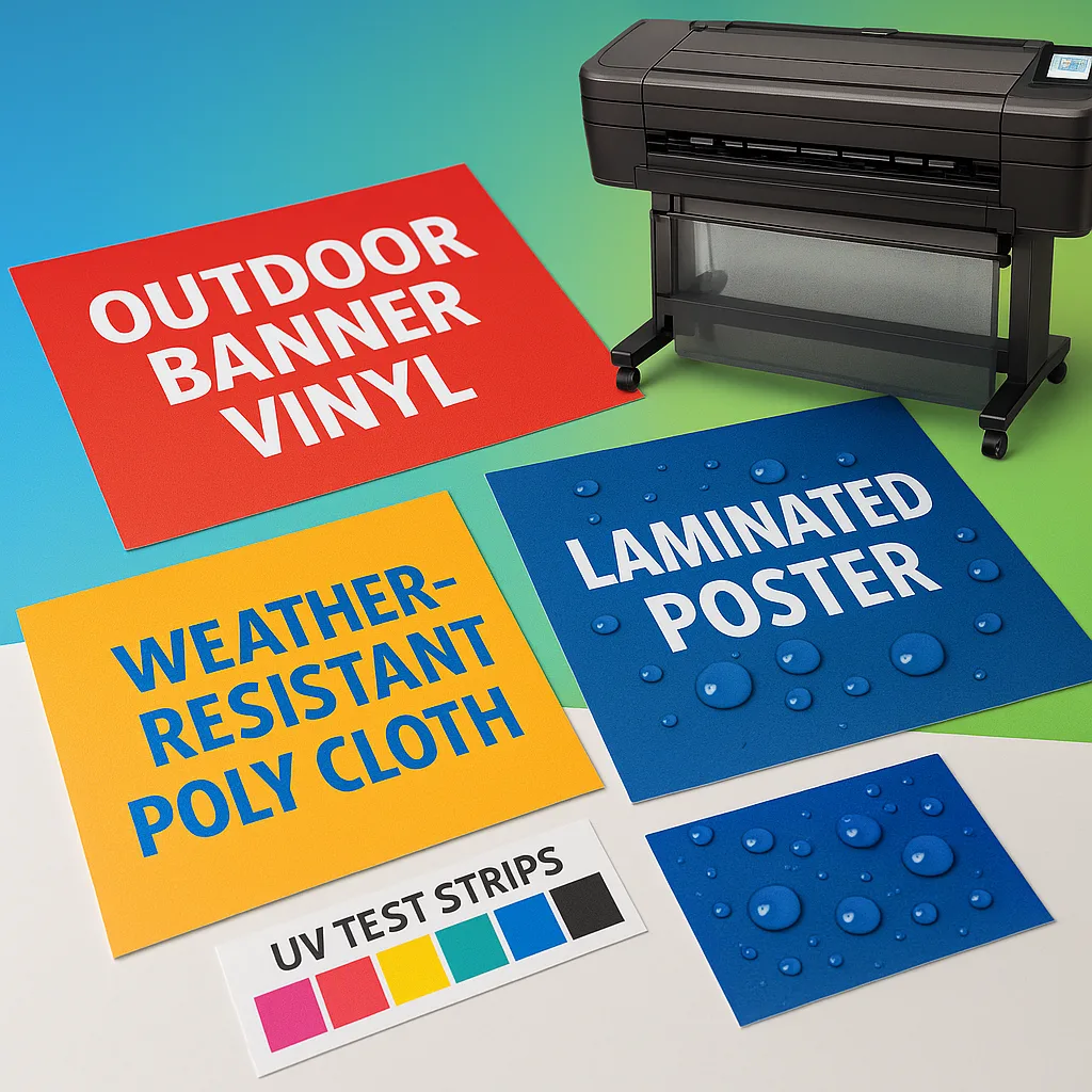 Close-up comparison shot of different weather-resistant poster materials laid out on a work surface. Show samples of outdoor banner vinyl, weather-resistant poly cloth, and laminated posters water
