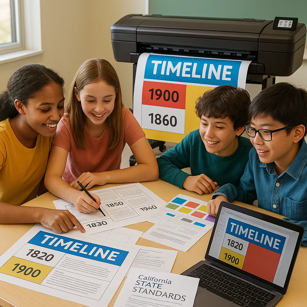 A close-up photograph of students collaboratively working on designing a section of a timeline mural. Show 3-4 diverse middle school students gathered around a table printed drafts, color samples,