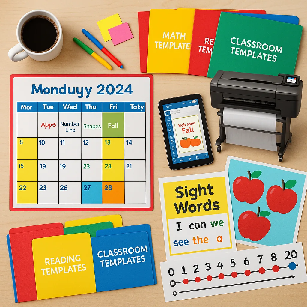 Top-down view of a teacher's desk an organized batch printing planning system. Display a colorful monthly calendar poster topics mapped out, template folders labeled clearly, a tablet the Poster