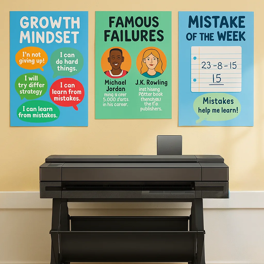 A bright, cheerful first-grade classroom wall colorful growth mindset posters. Show a “Famous Failures” display cartoon-style illustrations of Michael Jordan, J.K. Rowling, and Thomas Edison A bright, cheerful first-grade classroom wall colorful growth mindset posters. Show a "Famous Failures" display cartoon-style illustrations of Michael Jordan, J.K. Rowling, and Thomas Edison