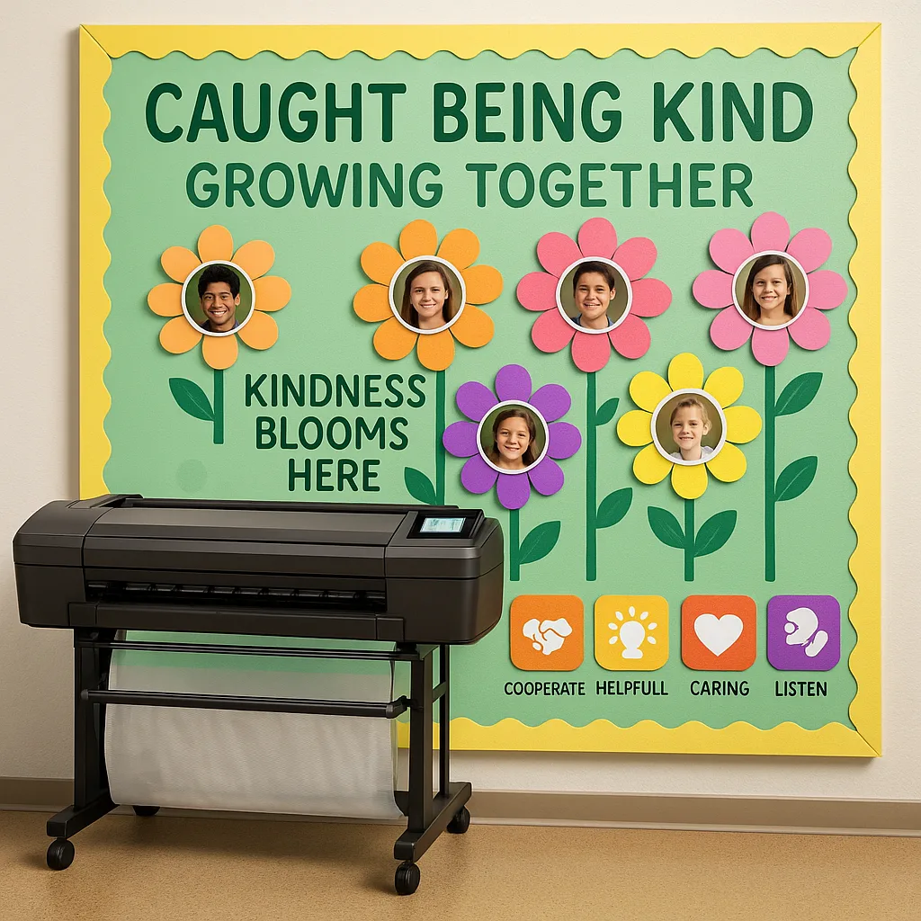 Close-up shot of a "Caught Being Kind" behavior management display board created a poster maker. The board features a garden theme colorful paper flowers, each a student's photo in the center.