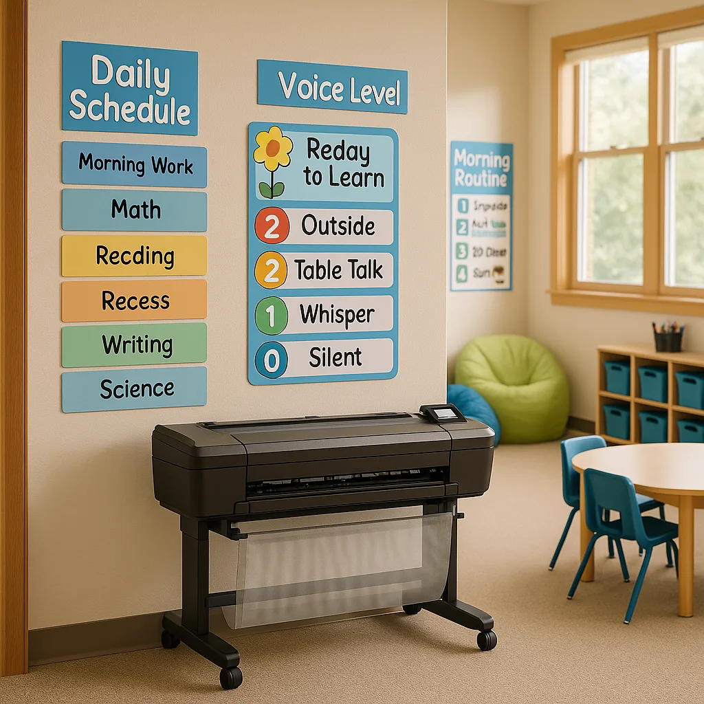 A warm, inviting first-grade classroom photographed from the doorway perspective, organized visual management systems on the walls a colorful daily schedule, behavior chart flower/garden theme,