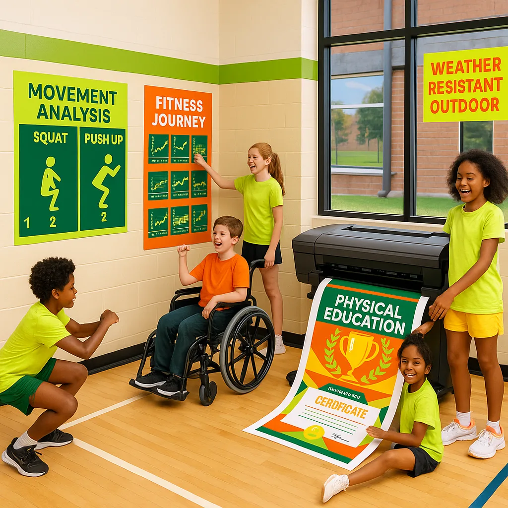 A dynamic, energetic image a school gymnasium PE achievement displays on the walls. Include movement analysis posters proper form sequences, a fitness journey wall student progress charts, and