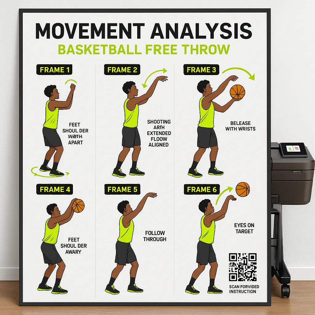 Design a close-up shot of a movement analysis poster display a basketball free-throw sequence broken down into 6 frames. Each frame should show proper technique arrows and annotations highlighting
