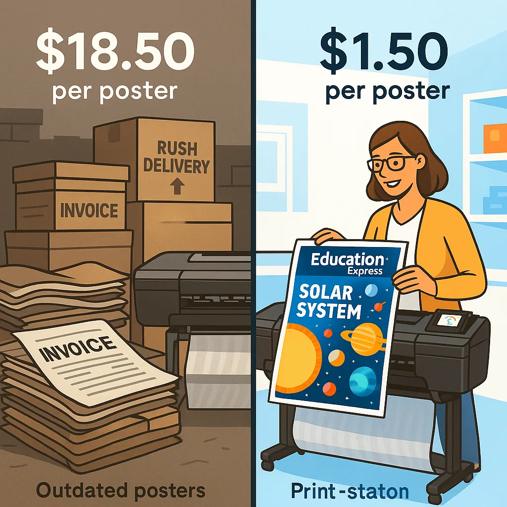 Design a split-screen comparison image. Left side shows a cluttered storage room filled stacks of outdated posters, invoices, and shipping boxes labeled "Rush Delivery" muted, dull colors. Right
