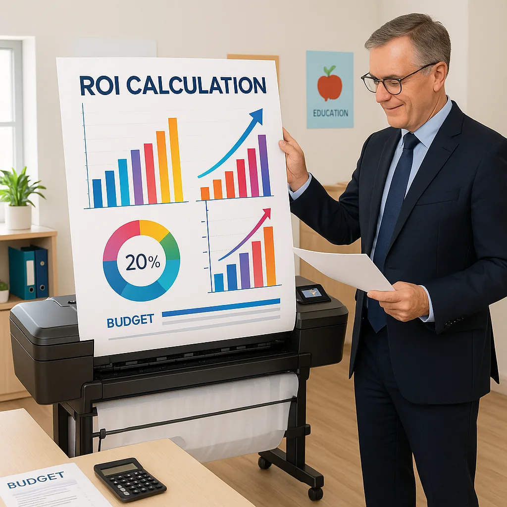 A bright, image a school principal in business attire standing in a school office, reviewing colorful financial charts and graphs displayed on a large poster. The poster should show ROI