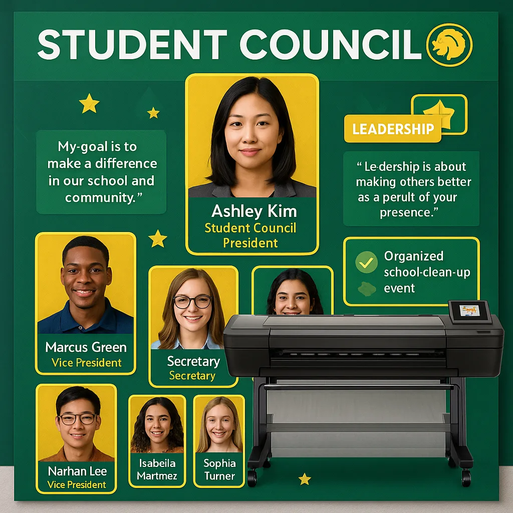 Design a close-up view of a student council recognition display board emerald green and citrine yellow color scheme. Show headshots of diverse student leaders arranged in a hierarchical layout the Design a close-up view of a student council recognition display board emerald green and citrine yellow color scheme. Show headshots of diverse student leaders arranged in a hierarchical layout the