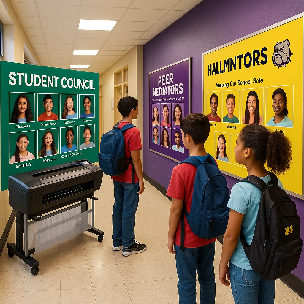 A vibrant, wide-angle photograph of a middle school hallway leadership display boards. Show a modern, well-lit corridor multiple colorful poster displays mounted on walls at student eye level.